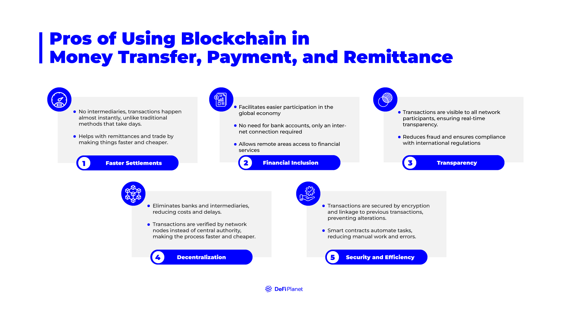 Diagram showing the Pros of Using Blockchain In Money Transfer, Payment and Remittance on DeFi Planet