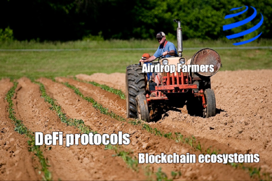 A meme of a tractor on a field. The tractor describes DeFi users actively participating in retroactive airdrops. The field describes the different blockchain ecosystems and DeFi protocols.