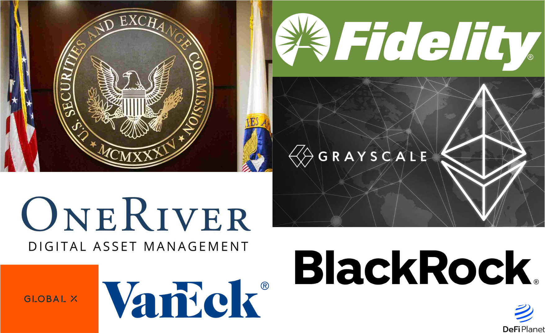 A collage on DeFi Planet of some companies whose Bitcoin Spot ETF applications have been rejected by the US SEC. The collage includes BlackRock, Fidelity Investments, Global X, OneRiver, Grayscale, and Van Eck