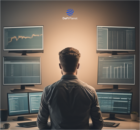 Image depicting a crypto trader conducting  market research in DeFi Planet's explainer article on How to Conduct Crypto Research