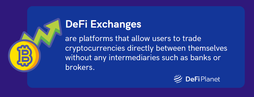 Image containing the definition of DeFi exchanges as "platfroms that allow users trade cryptocurrencies directly between themselves without any intermediaries such as banks or brokers.