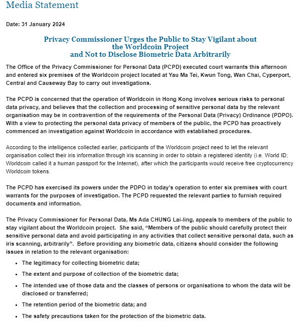 The Office of the Privacy Commissioner’s Statement Regarding the Investigation of Worldcoin.