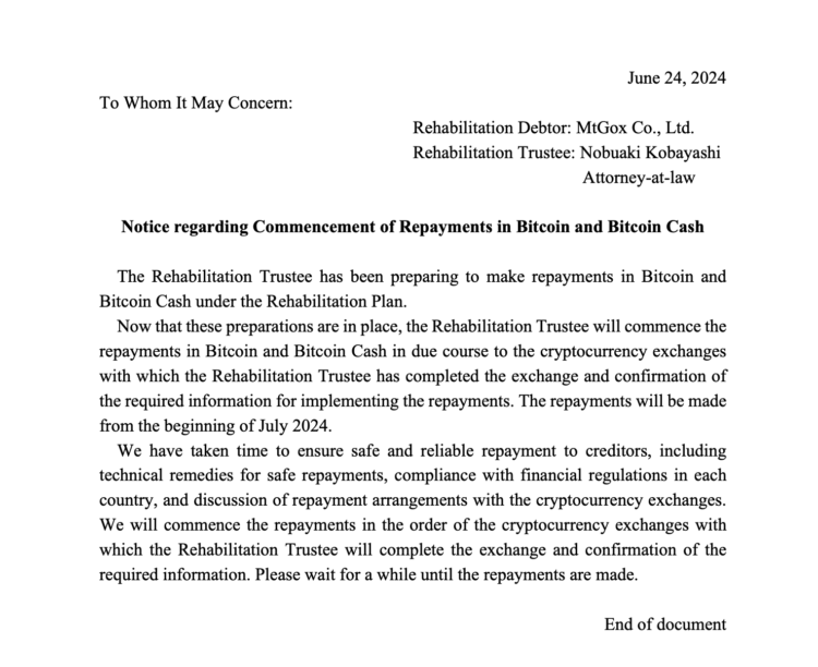Mt. Gox to Begin Repayments of Over $9.9 Billion in Bitcoin and Other Assets in July 2024