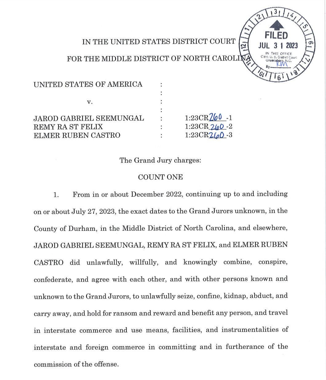 United States v. SEEMUNGAL Indictment — Document #12 District Court, M.D. North Carolina.