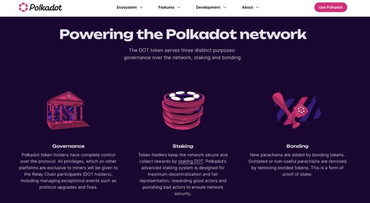 Image of DOT (Polkadot) showing the purpose it serves. on DeFi Planet