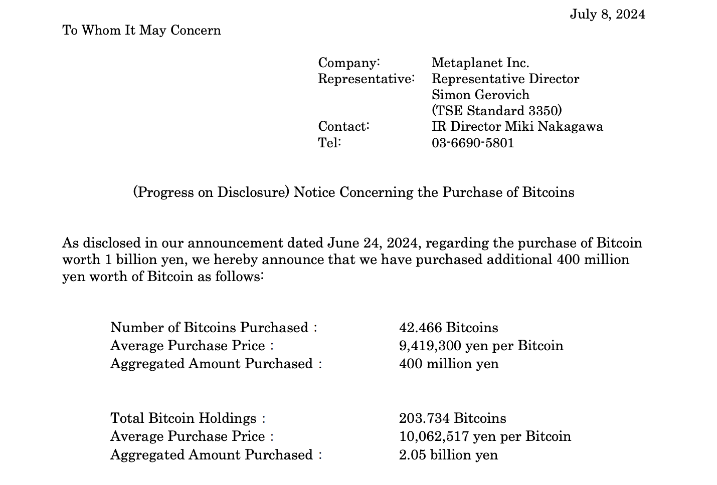 Metaplanet acquires 42.47 extra BTC.