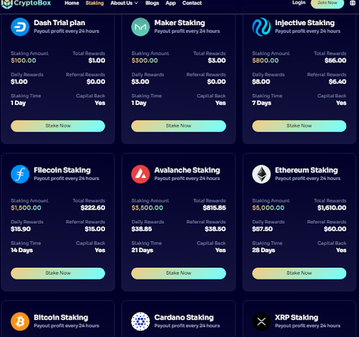 Staking plans on  CryptoBox