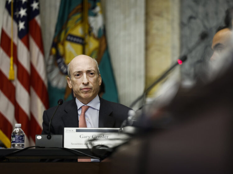 WASHINGTON, DC - OCTOBER 03: Securities and Exchange Commission (SEC) Chair Gary Gensler listens during a meeting with the Treasury Department's Financial Stability Oversight Council at the U.S. Treasury Department on October 03, 2022 in Washington, DC. The council held the meeting to discuss a range of topics including climate-related financial risk and the recent Treasury report on the adoption of cloud services in the financial sector. (Photo by Anna Moneymaker/Getty Images)