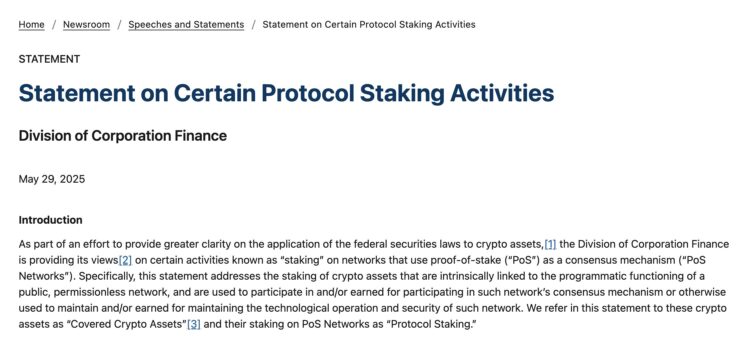 SEC Clarifies: Protocol Staking on Proof-of-Stake Blockchains Not a Security