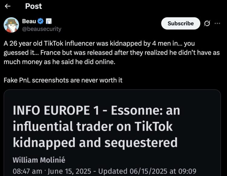 Another Crypto Ransom Attempt Fails in France as TikTok Influencer Escapes Unharmed