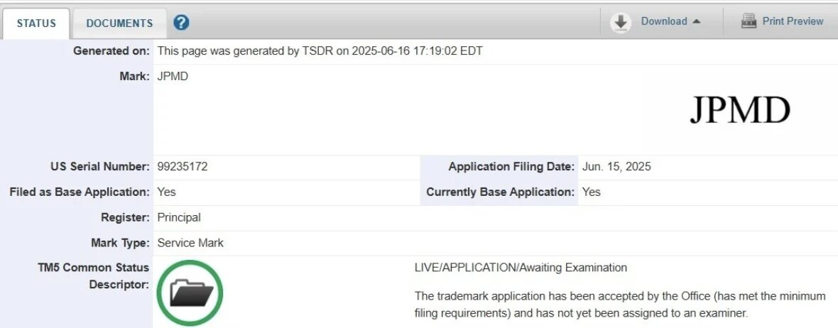 JPMorgan’s service mark filing for JPMD.
