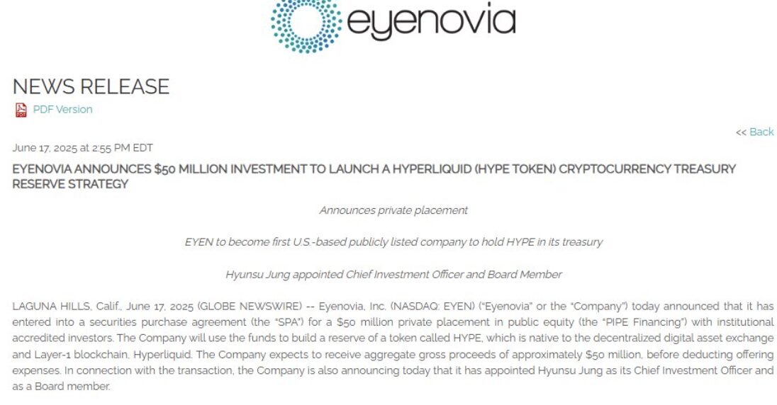 Eyenovia announcing $50 million in Hyperliquid