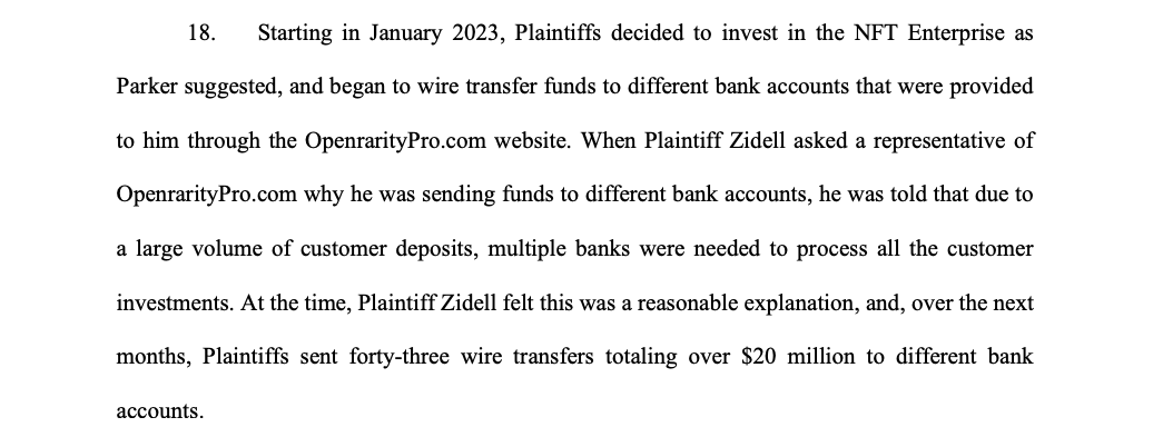 Excerpt of the complaint claims Zidell sent the allegedly fraudulent platform, OpenrarityPro, over $20 million.