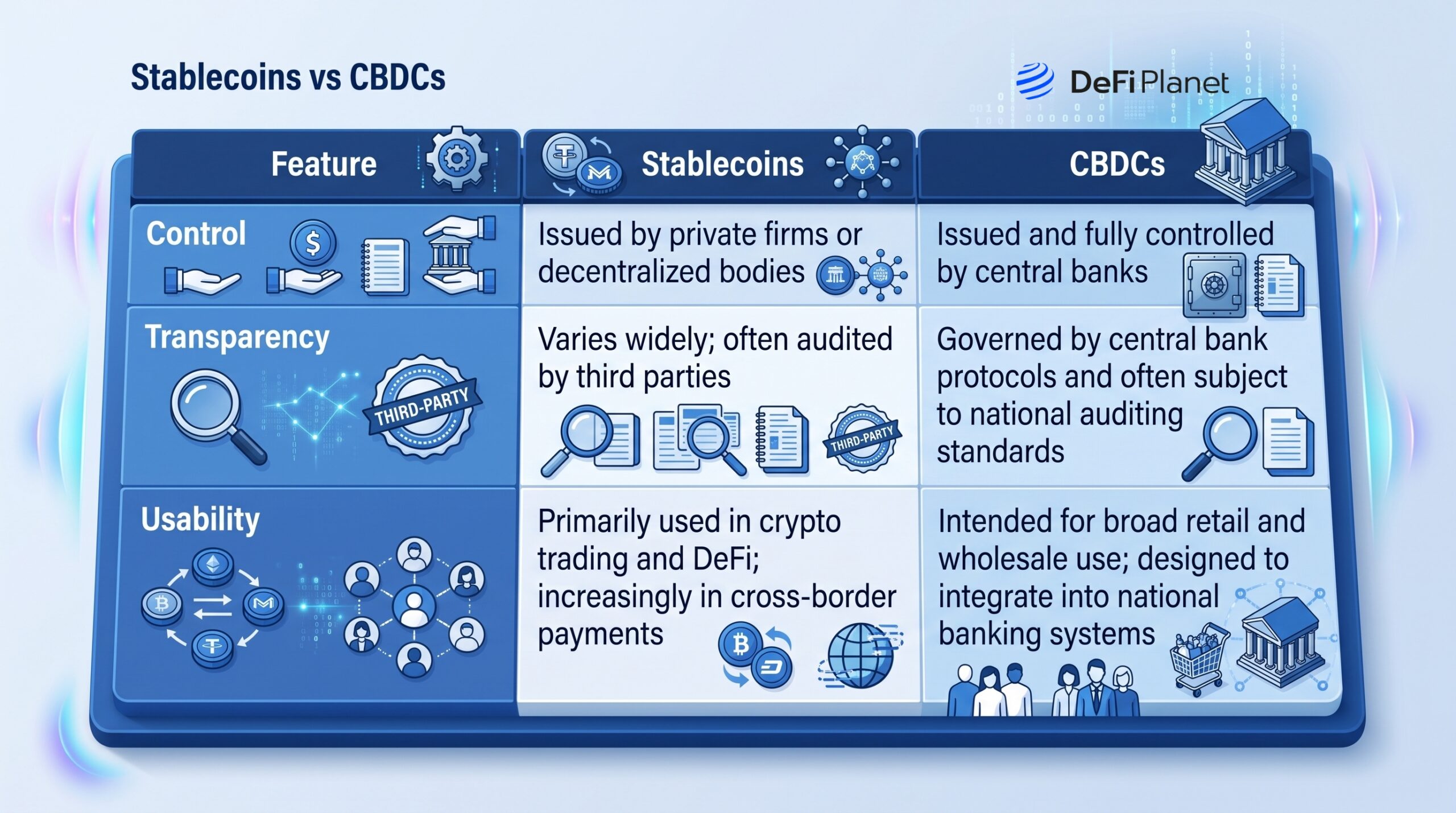 Stablecoins vs. CBDCs: Why Governments Are Picking Sides in the Future of Money Image showing the difference between Stablecoins vs CBDCs - DeFi Planet