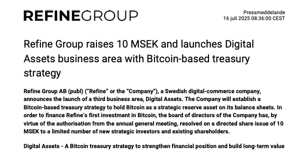 Refine Group launches Bitcoin Treasury Strategy