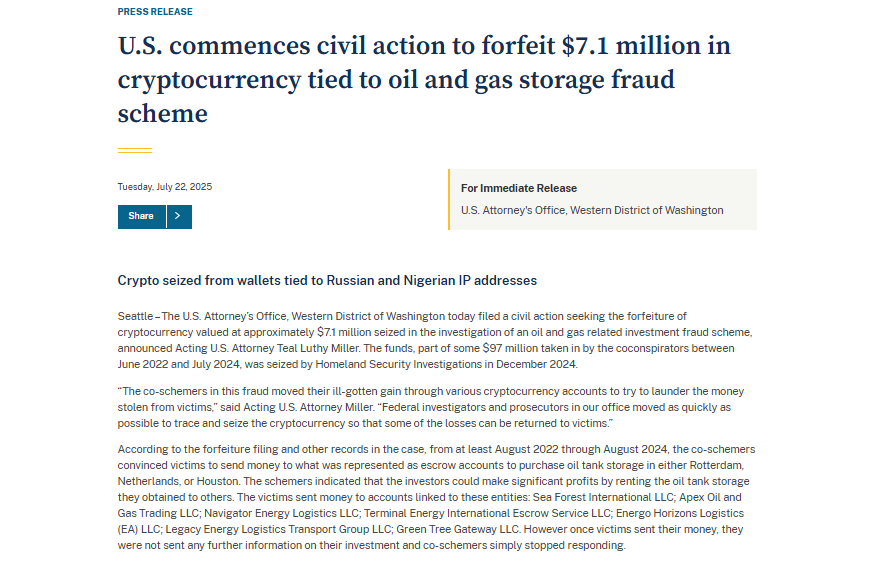 US seeks forfeiture of $7.1million