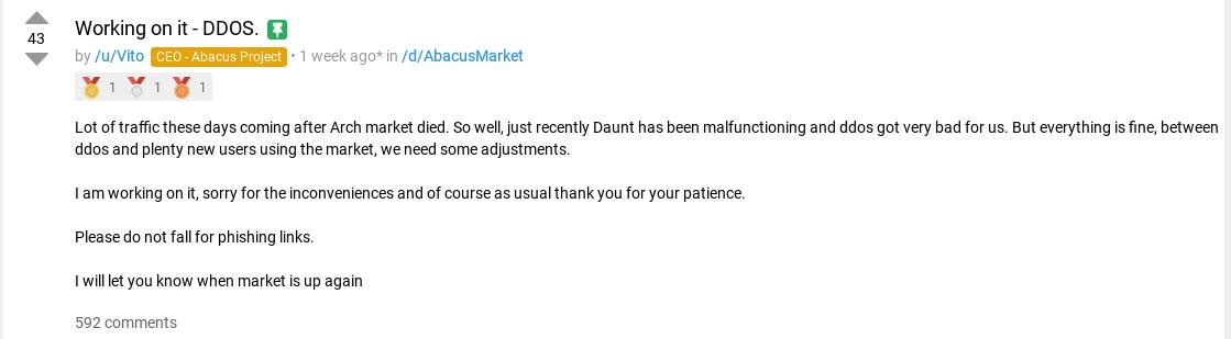 Abacus administrator Vito attempted to assure users that the withdrawal issues were temporary.