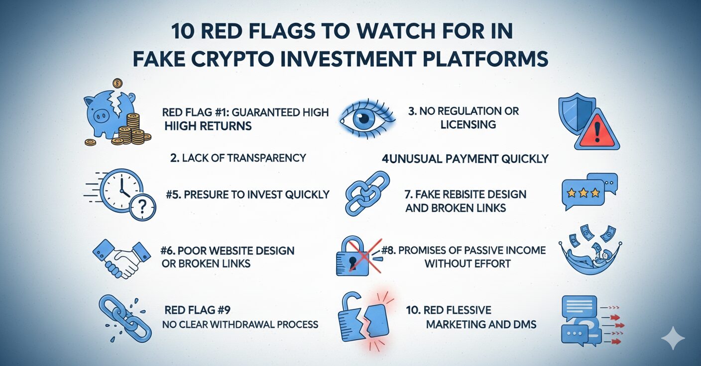 Image shown the 10 Red Flags to Watch for in Fake Crypto Investment Platforms on DeFi Planet