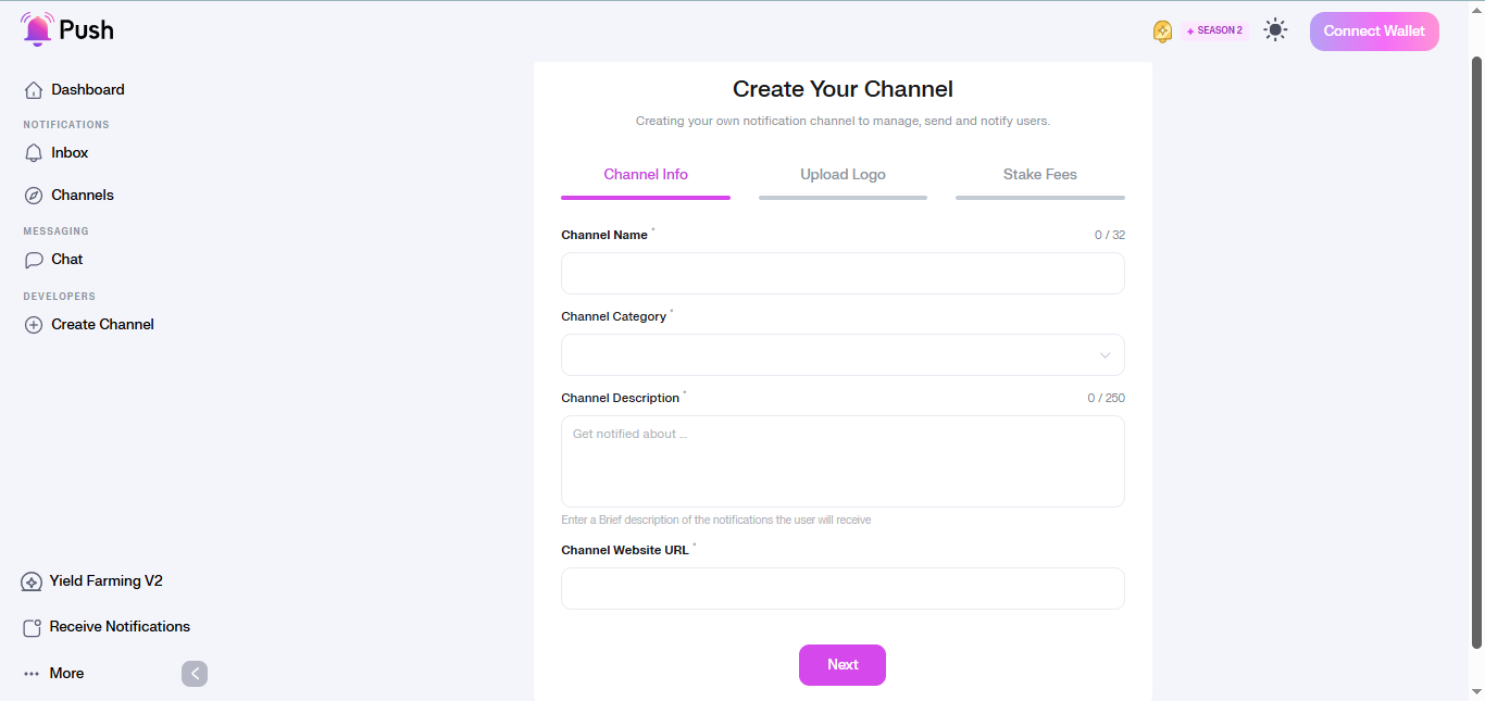 Push Protocol channel creation interface.