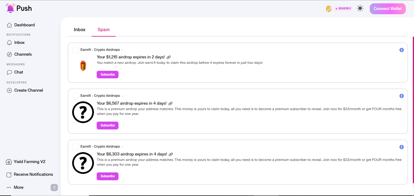 Push Protocol message alerts.