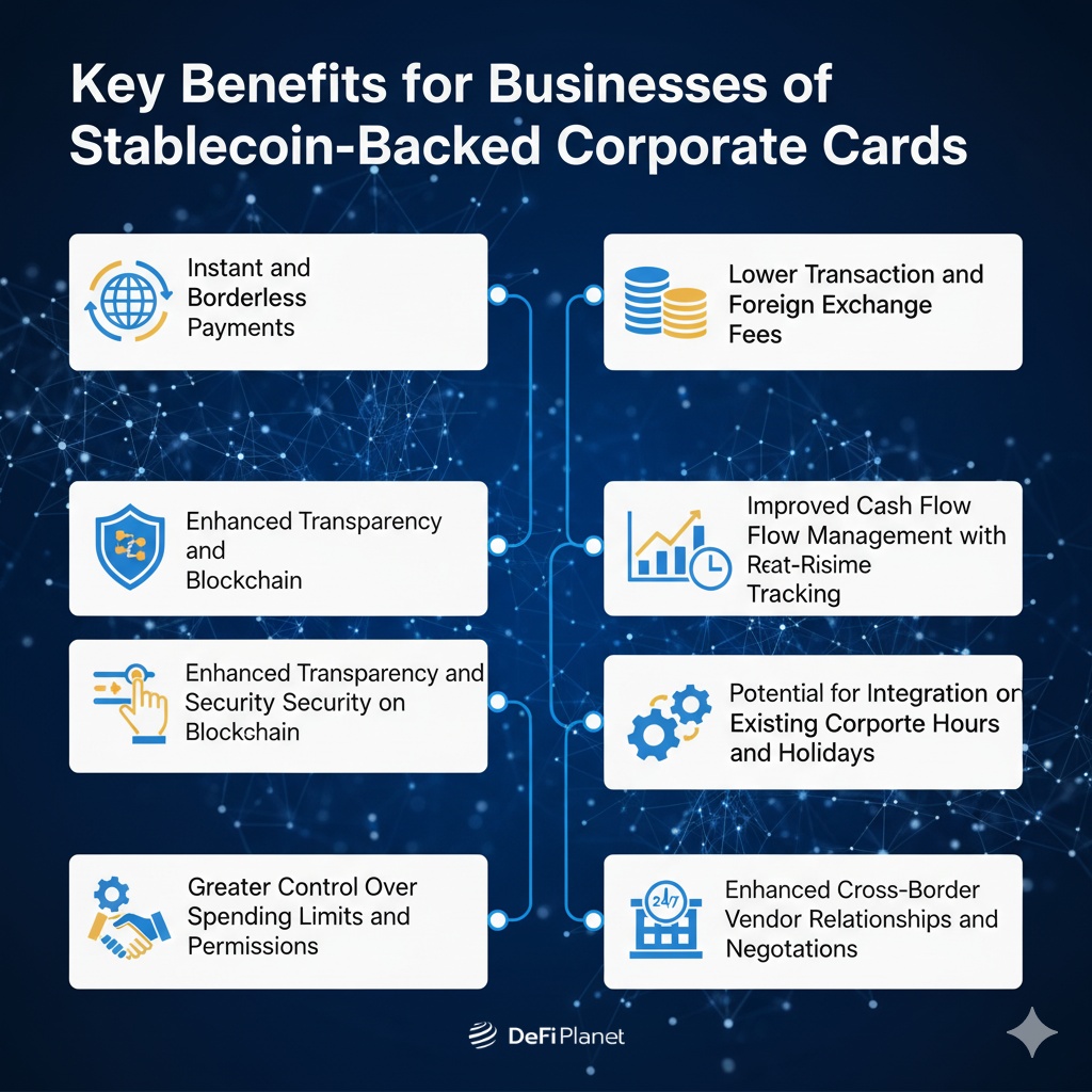 Image showing the Key Benefits for Businesses of Stablecoin-Backed Corporate Cards on DeFi Planet