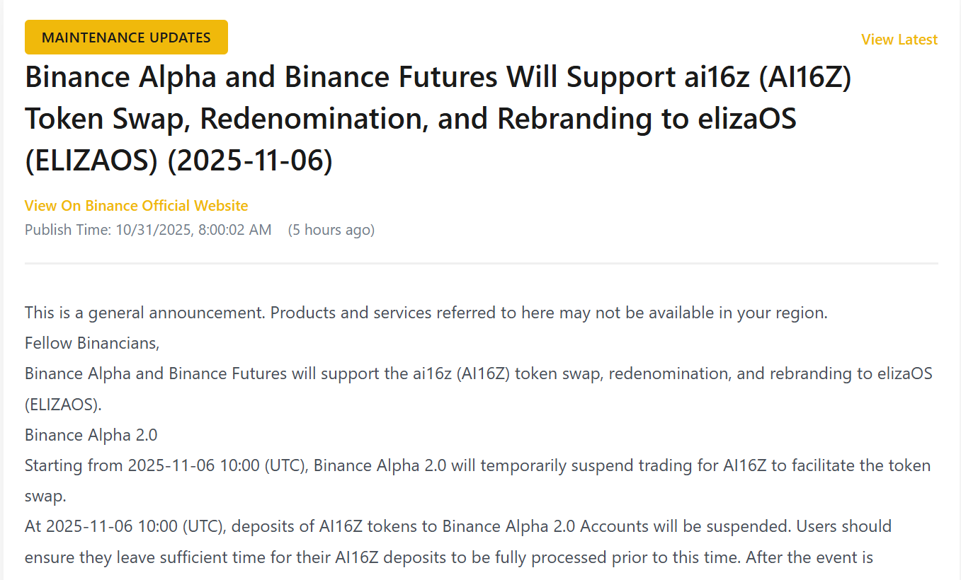 Binance supports AI16Z’s rebrand to ELIZAOS.
