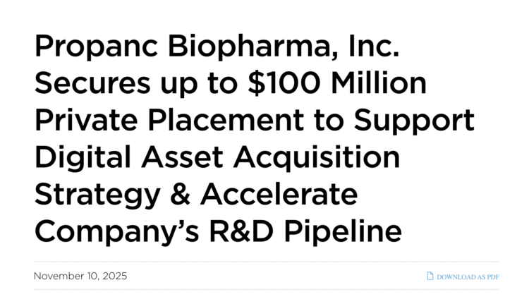 Propanc Biopharma Secures Up to $100M to Build Crypto Treasury and Advance Cancer Therapy Trials