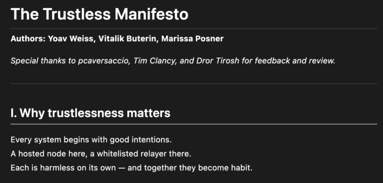 Vitalik Buterin Champions “Trustless Manifesto” to Reinforce Ethereum’s Decentralization Ethos