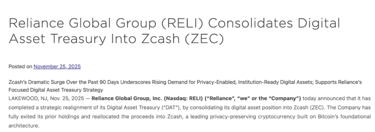 Reliance Global Shifts Entire Crypto Treasury Into Zcash After Strategic Overhaul