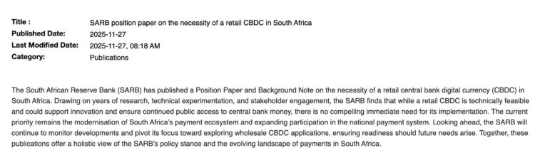 South African Reserve Bank Says Retail CBDC Not a Priority, Focus Shifts to Payment System Upgrade