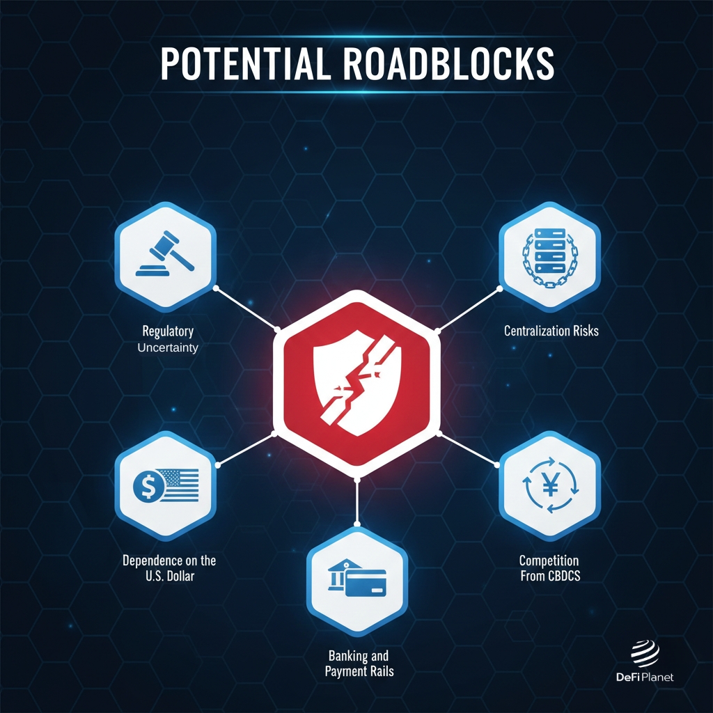 Image showing the Potential Roadblocks on Stablecoin adoption - on DeFi Planet