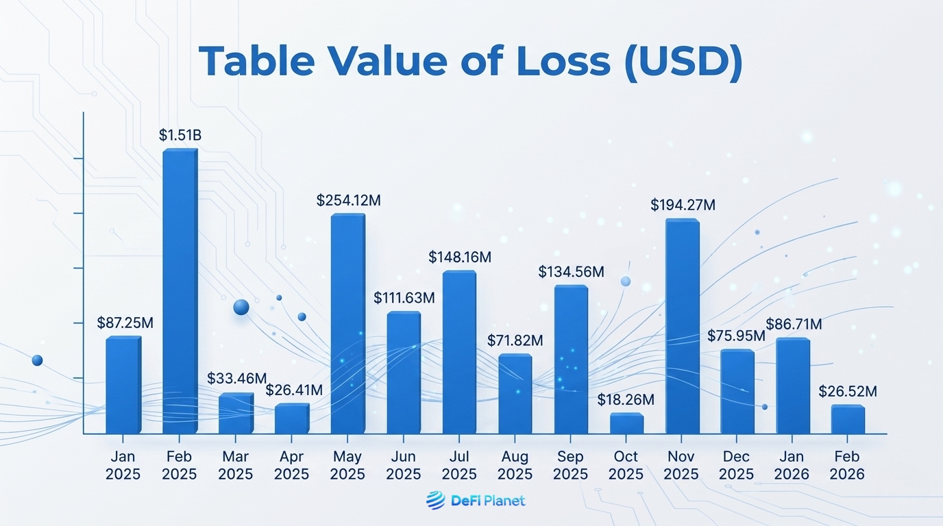 Chart showing the Losses from crypto hacks and scams from Jan 2025 to Feb 2026 - on DeFi Planet