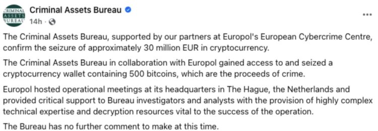 Irish Police Recover $35M From Dormant Clifton Collins Bitcoin Wallet