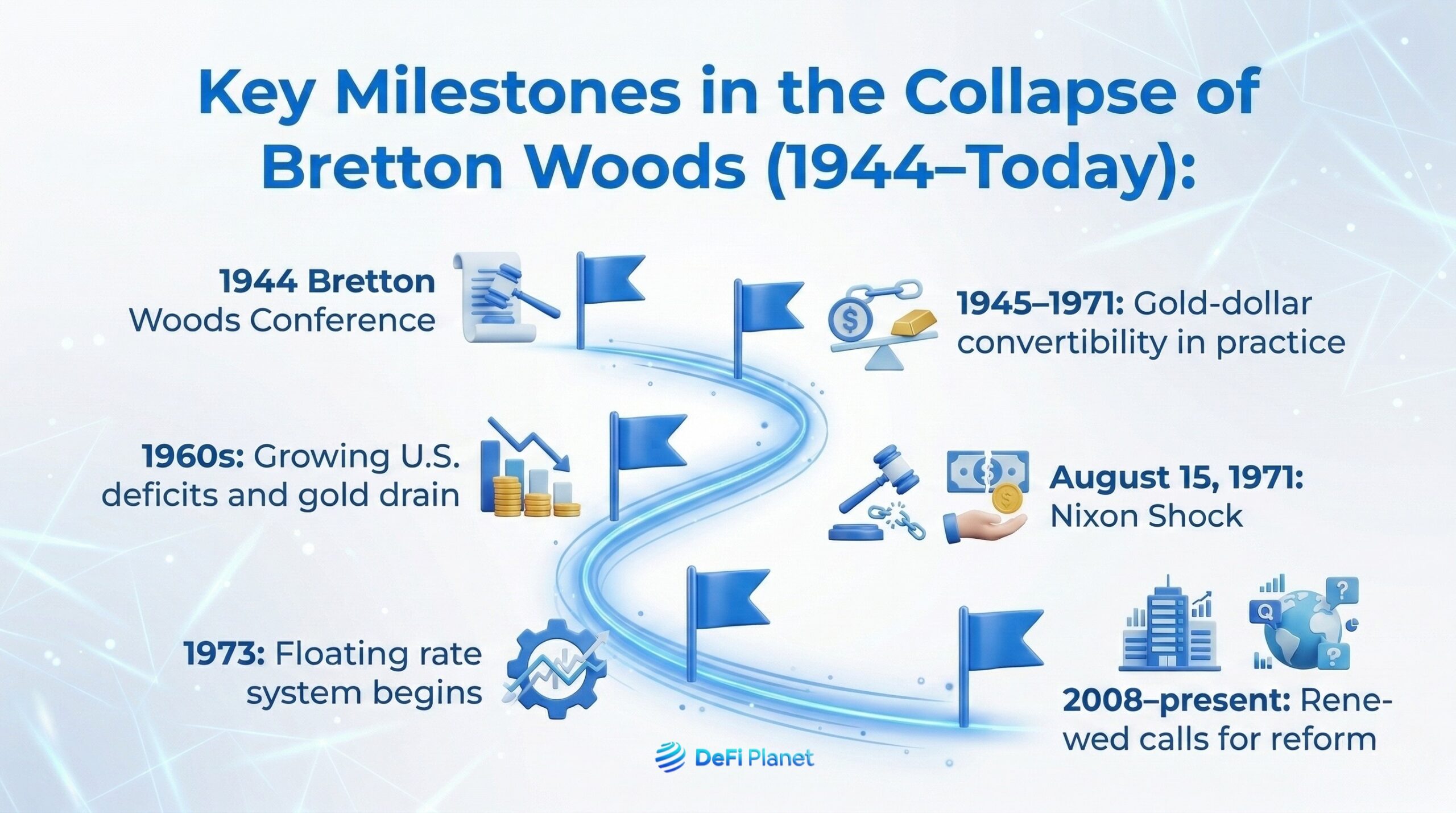 Image showing Key Milestones in the Collapse of the Brettonwoods - on DeFi Planet
