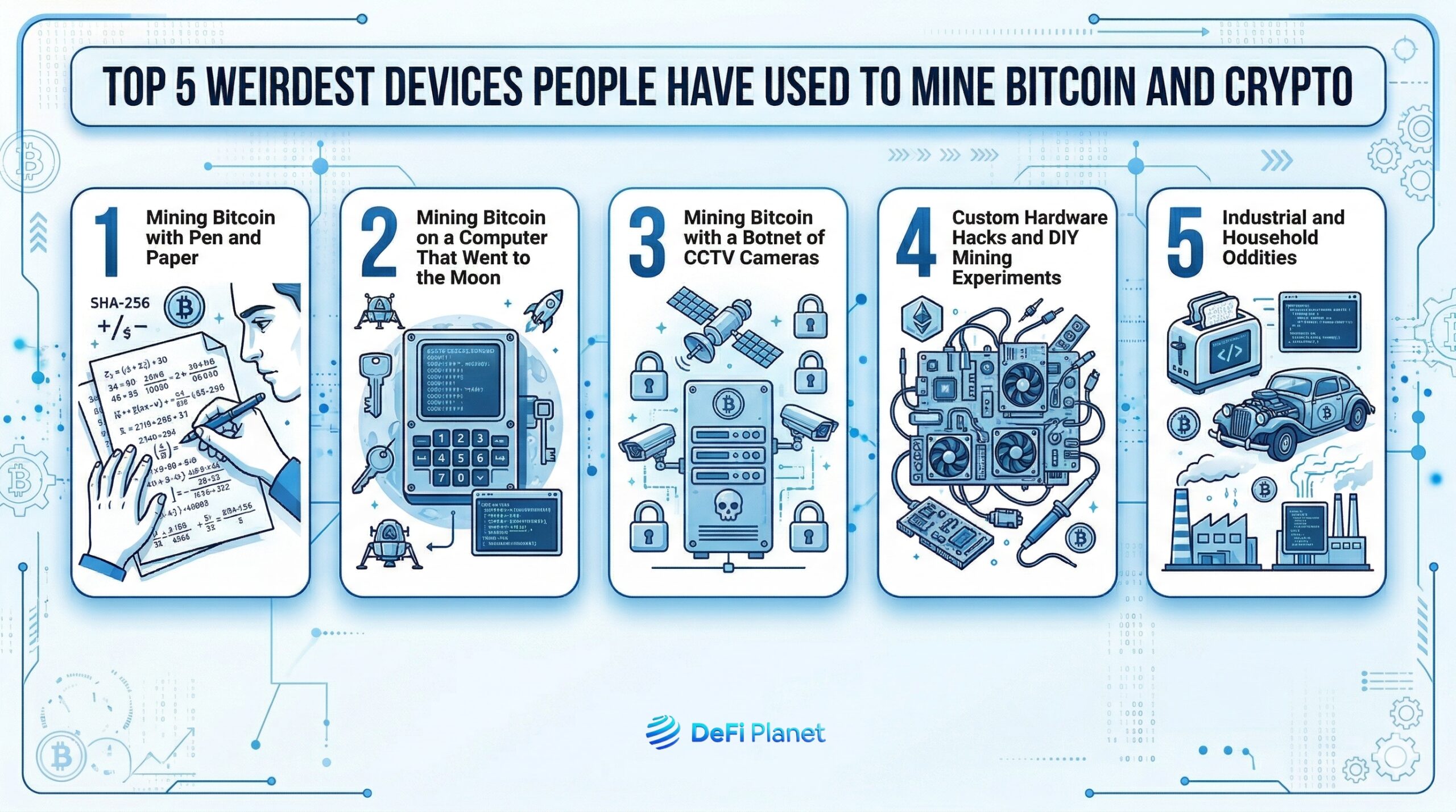 Image showing the top 5 weirdest devices people have used to mine Bitcoin and crypto - on DeFi Planet