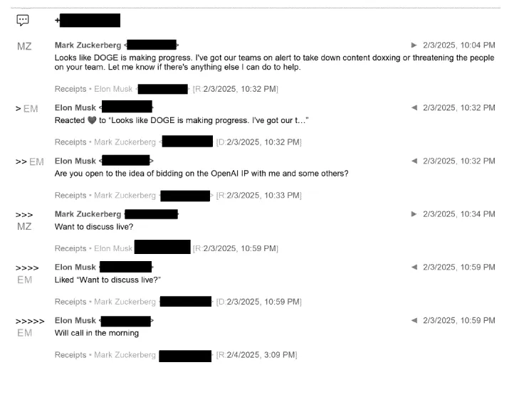 A 2025 text exchange between Elon Musk and Mark Zuckerberg, from Musk v. Altman