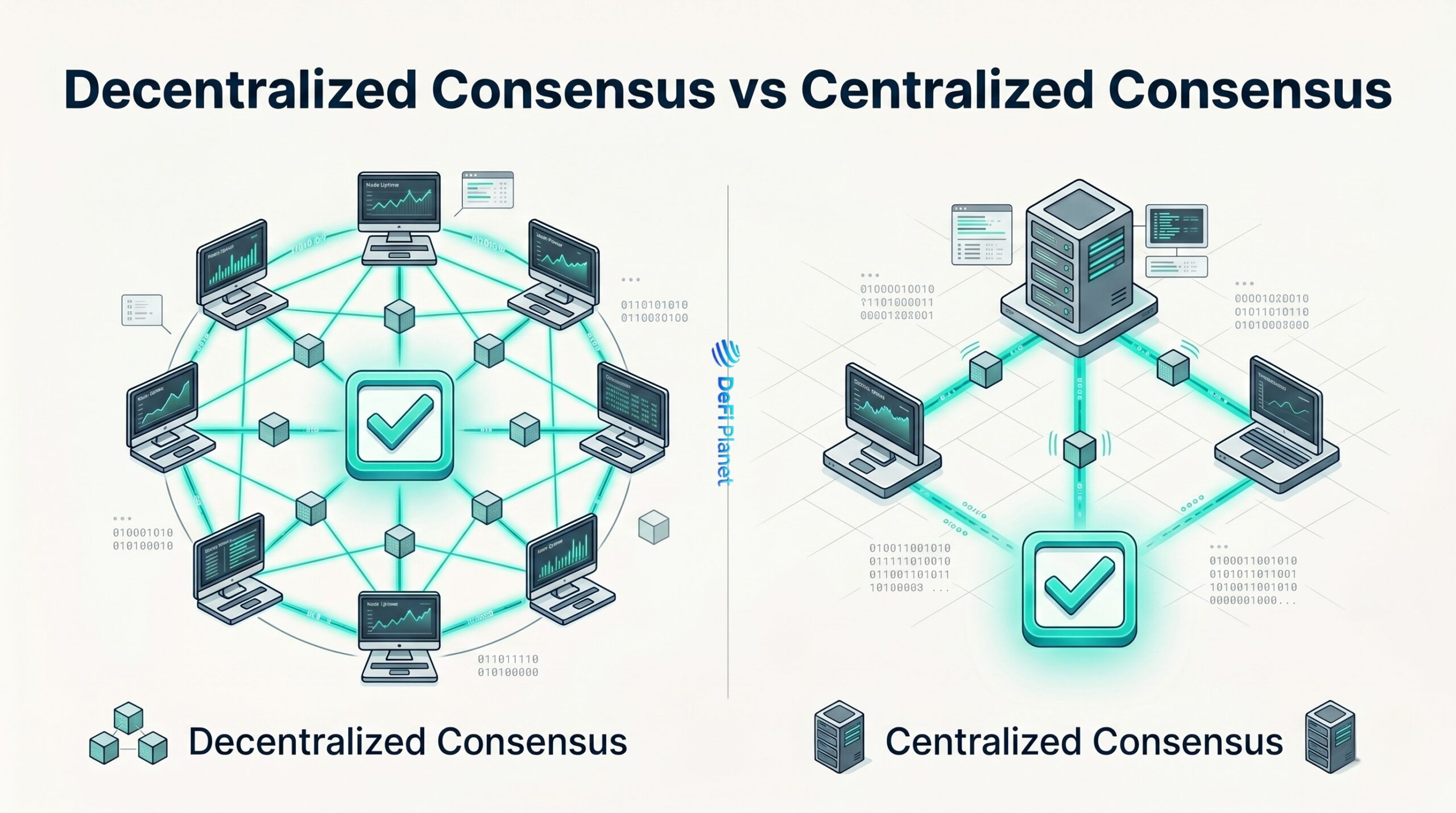 Image showing the difference between Decentralized consensus vs Centralized consensus - DeFi Planet