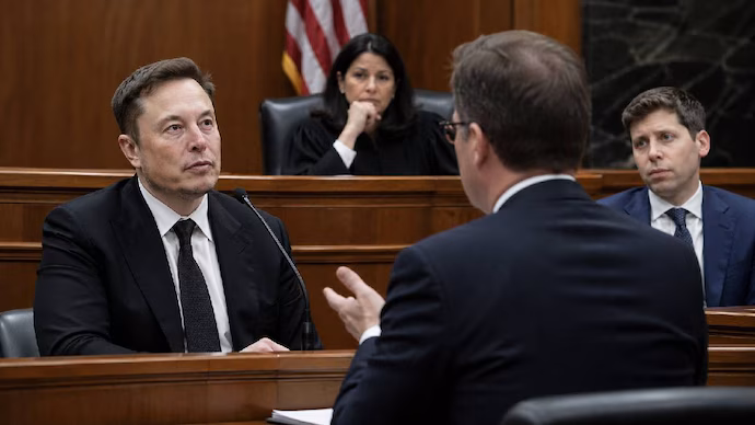 Judge Gonzales Rogers, Musk, Altman in a courtroom