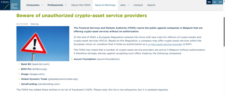 Belgium’s FSMA has warned against six unauthorized crypto firms after the EU’s MiCA deadline