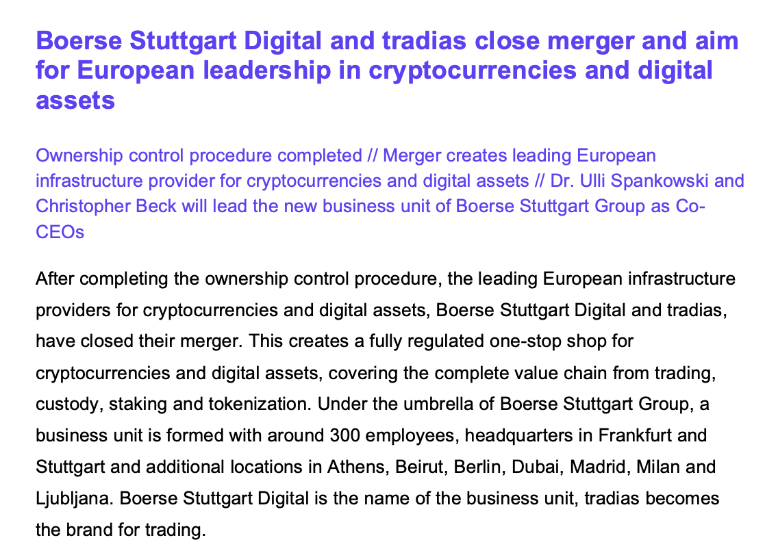 Boerse Stuttgart Digital and Tradias complete merger.
