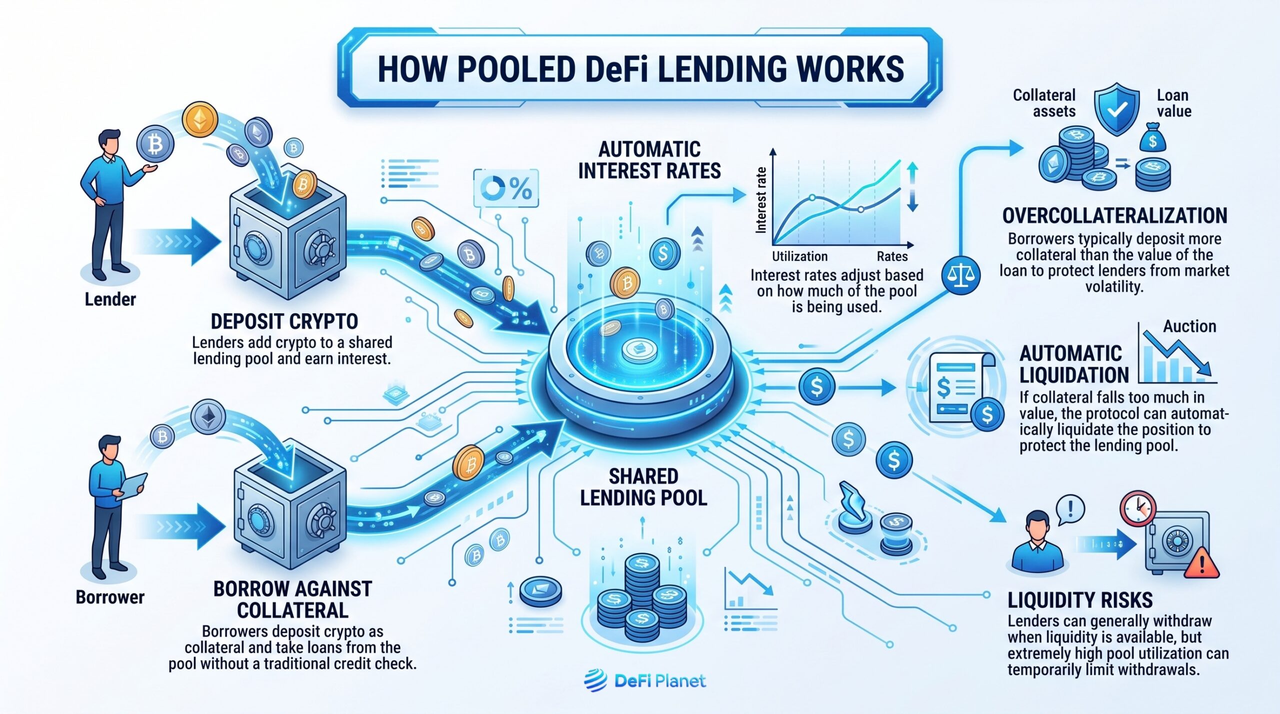 Crypto Lending Explained, a Beginner's Guide To Earning Passive Income Infographics showing How Pooled DeFi Lending Works - on DeFi Planet